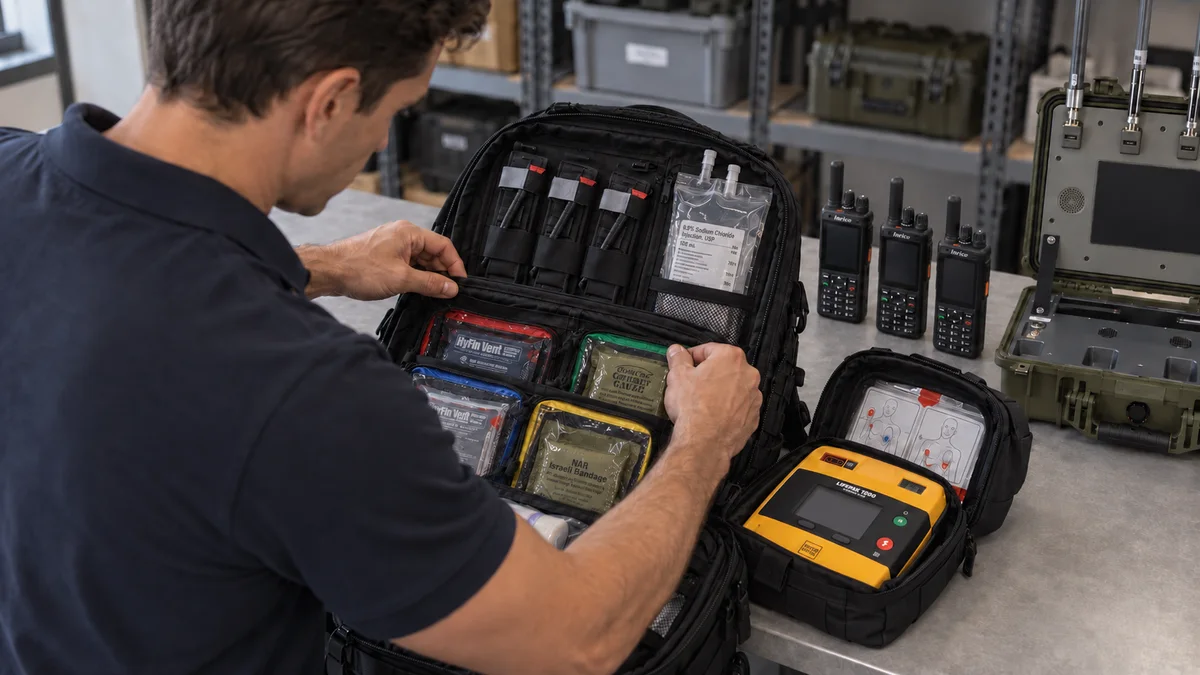 Person bereitet medizinisches Material im Materialraum vor; Funkgeräte und Technikkoffer stehen daneben.