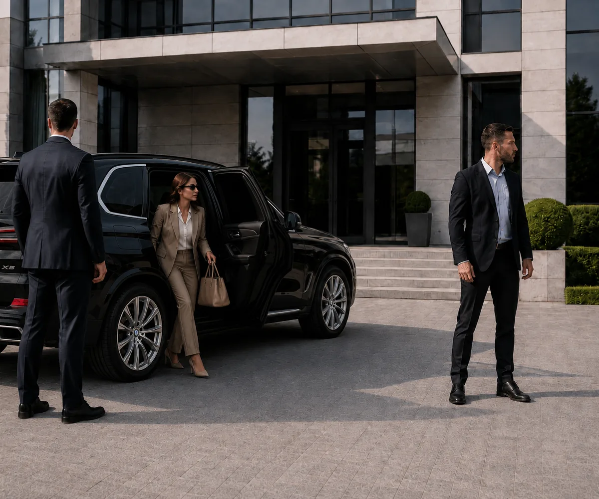 Eine Frau steigt vor einem modernen Gebäude aus einem schwarzen SUV, begleitet von zwei professionell gekleideten Männern.