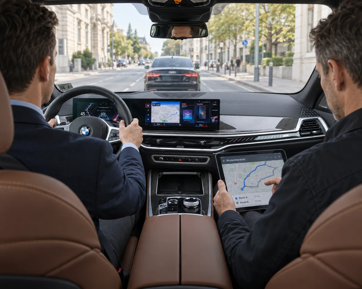 Blick von der Rückbank auf Fahrer, Beifahrer mit Tablet und vorausfahrendes Fahrzeug.