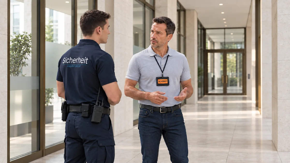 Uniformierte Sicherheitskraft im Gespräch mit einer Person mit Besucherausweis.