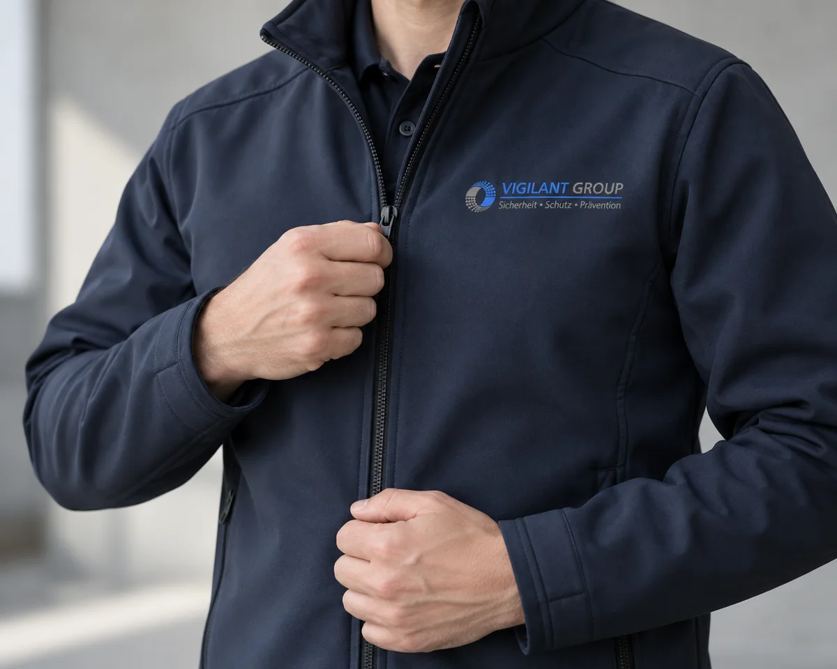 Detail einer Dienstjacke mit VIGILANT-Logo beim Schliessen des Reissverschlusses.