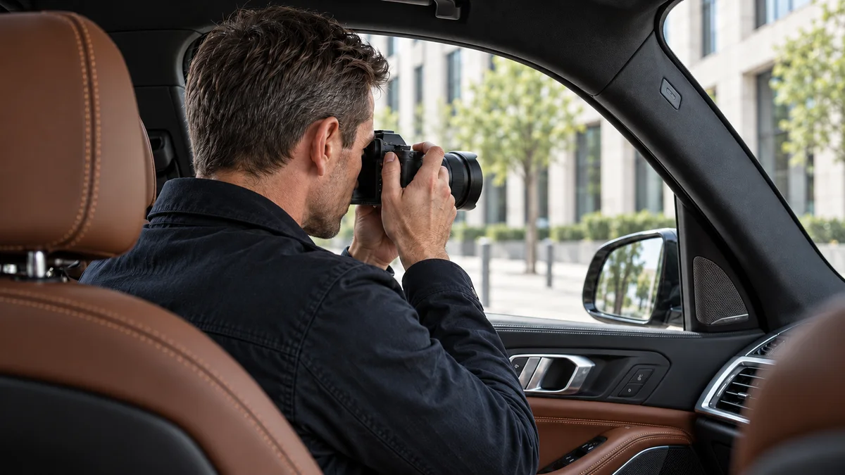 Person dokumentiert mit einer Kamera aus einem abgestellten Fahrzeug.